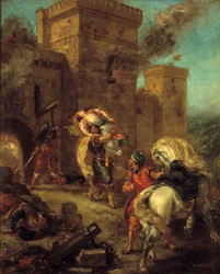 Rebecca wird von den Tempelrittern während des Angriffs auf die Burg Frondeboeuf entführt. Aus dem Buch „Ivanhoe“ von Walter Scott. Gemälde von Eugene Delacroix
