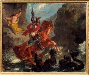 Roger befreit Angelika (Angelica), die von Piraten einem Ungeheuer ausgeliefert wurde, auf einem Hippogryphen reitend (Ruggero, Ruggiero) - Illustration zu „Der rasende Roland“ (Orlando Furioso) von Ludovico Ariosto (Ariost)