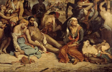 Das Massaker von Chios. Szene aus dem griechischen Unabhängigkeitskrieg gegen die Osmanen: Griechische Zivilisten erwarten Tod oder Sklaverei. Detail