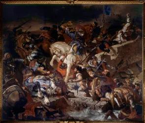 Ansicht der Schlacht von Taillebourg, gewonnen von König Ludwig dem Heiligen am 21. Juli 1242. Schlacht zwischen den kapetingischen Truppen des Königs von Frankreich Ludwig dem Heiligen und denen ihrer aufständischen Vasallen, Heinrich III. von England und