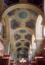 Ansicht der Kassettendecke der Bibliothek mit vergoldetem Stuckrahmen, der Zwickel mit biblischen und klassischen Szenen umrahmt, 1844