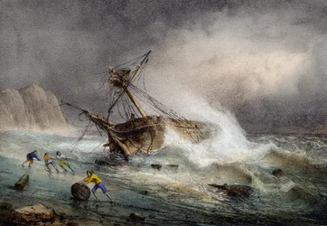 Brigantine gestrandet, Farblithographie von Ferdinand Perrot