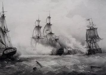 Kampf zwischen britischen und amerikanischen Dreideckern mit 74 Kanonen, Lithographie von Ferdinand Perrot