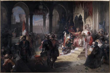 Amadeus VIII. der Friedliche (Amedeo VIII il pacifico) (1383-1451) wurde am 19.02.1416 von Kaiser Sigismund I. des Heiligen Römischen Reiches während seines Besuchs in Chambéry zum Herzog von Savoyen gekrönt. Gemälde von Ferdinando Cavalleri (1794-1865) Ch