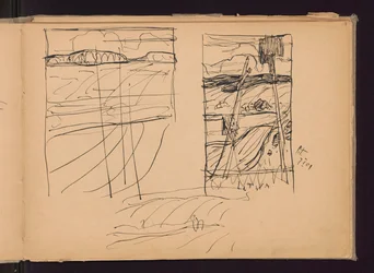 Drei Skizzen: a),c) hügelige Landschaft, b) alte Kreuze; verso: drei Skizzen von Bildern: Der Engel des Herrn, Litauen, Provinz