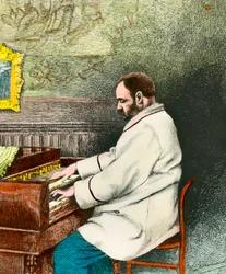 Porträt von Emile Zola beim Orgelspielen. Gravur von Desmoulin