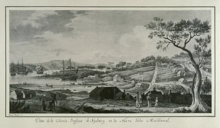 MALASPINA, Alejandro (1754-1809). Italienisch-spanischer Navigator und Entdecker.; BRAMBILA, Fernando (1763-1834). Maler. Australien (18. Jh.). Englische Kolonie New South Wales. Zeichnung von Fernando Brambila, die die wissenschaftliche Expedition von Ale