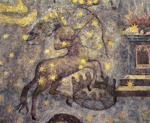 Gotik. Kuppel des Tierkreises (1485) von Fernando Gallego. XV Jahrhundert. Wandmalereien. Sie schmücken die Bibliothek der Universität Salamanca, Kastilien, Spanien. Stellt Tierkreiszeichen dar. Zentaur. Symbol des Sternbildes.