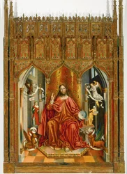 Jesus Christus segnet mit der Kirche und der Synagoge