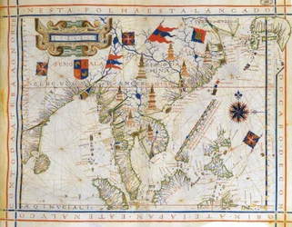 Flugkarte, Vor-Mercator-Karte von 1571 des portugiesischen Kartographen Fernao Vaz Dourado (ca. 1520-ca. 1580). Karte von Ostindien, Bucht von Bengalen, Südostasien, Thailand, Borneo und Japan. Der Wendekreis des Krebses ist benannt.