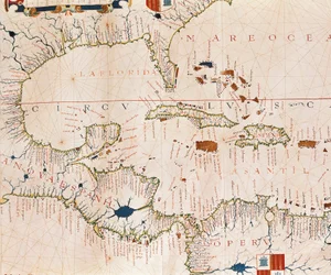 Portulan: Geografische Karte mit den Namen der Küstenlinie von Kuba, Florida, Zentralamerika und Nordlateinamerika, Hydrographischer Atlas von Fernao VAZ DOURADO (16. Jahrhundert)