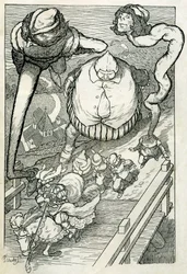 Der Prinz betrat die Stadt, gefolgt von seinen Dienern. Illustration von Filiberto Scarpelli für das Märchen "Die Diener und der Prinz" aus einer Sammlung der Brüder Grimm "Schneewittchen und andere Märchen"