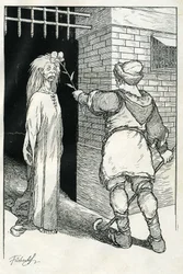 "Er berührte zuerst die alte Frau, die daraufhin erstarrte". Illustration von Filiberto Scarpelli für das Märchen "Guten Abend Ezechiel" aus einer Fabelsammlung der Brüder Jacob und Wilhelm Grimm "Schneewittchen und andere Märchen"