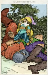 „Bereiten wir die Komödie vor, sagte er“. Illustration von Filiberto Scarpelli für das Märchen „Der tapfere Schneider“ aus einer Sammlung von Fabeln der Brüder Jacob und Wilhelm Grimm „Schneewittchen und andere Märchen“