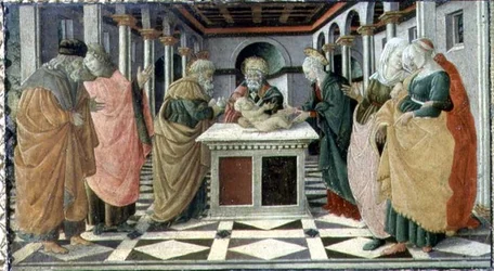 Die Darstellung im Tempel, Predella-Tafel zum Geburt Christi Altarbild im Museo Civico