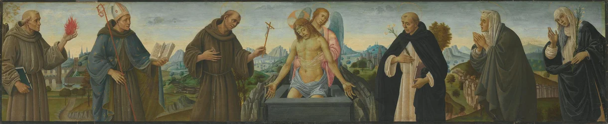 Schmerzensmann und sechs Heilige (Hll. Antonius von Padua, Ludwig von Toulouse, Franziskus, Dominikus, Klara und Katharina von Siena)