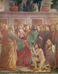 Die Auferstehung des Theophilus, des Sohnes des Königs von Antiochia, Detail von Saint Peter und Theophilus, ca. 1425-27, abgeschlossen 1484-85 (Detail)