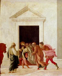 Der Tod der Lucretia, römische Dame des 6. Jahrhunderts v. Chr., nach der Gewalt von Sextus Tarquinius. Tarquinius wird aus Rom vertrieben. Detrempe auf Holz von Filipino Lippi (1457-1504)