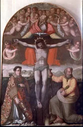 Dreifaltigkeit mit den Hl. Stephanus und Philippus, Mittelteil eines Altars (Tempera auf Holz)