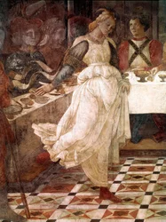 Das Gastmahl des Herodes, Episoden aus dem Leben des heiligen Johannes des Täufers (Johannes der Täufer). Detail mit Salome. Fresko von Filippo Lippi (1406-1469), ca. 1452-1464, Kathedrale von Prato, Italien