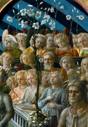 Die Krönung der Jungfrau. Detail der Chorsängerengel, die Lilienblüten halten. Die Figur unten rechts ist der heilige Johannes der Täufer, der Schutzpatron von Florenz. Gemälde (1457-1504)