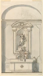 Altar mit Tabernakel und zwei Priestern im Gespräch, 1750–1775