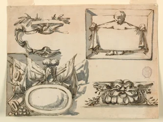 Ein Wappen, eine Trophäe, ein Etikett, ein dekoratives Motiv für ein Fries, 1750–1775