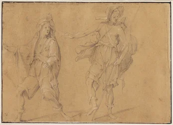 Eine laufende Figur mit Mantel über dem Kopf und ein stehender Mann mit Hut und Stab