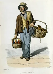 Kleines Gewerbe der Stadt Neapel: der Lumpensammler. Er war eine Figur, die alte Stoffe und Kleidung aufhob, die er gegen Stücke Seife eintauschte. Gravur nach einem Gemälde von F. Palizza. Aus einem Werk von Francesco de Bourcard „Costumi del regno di Nap