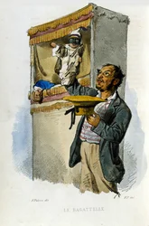 Kleines Gewerbe der Stadt Neapel: der Puppenspieler. Gravur nach einem Gemälde von F. Palizza. Aus einem Werk von Francesco de Bourcard „Costumi del regno di Napoli“