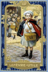Werbung für den Keks „Lefèvre-Useful: Lu“ (der Schuljunge). sd. Chromolithographie 19. Jahrhundert nach der Originalzeichnung von Firmin Bouisset.