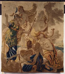 Ein Brüsseler Wandteppich, gewebt aus Wolle und Seide, darstellend verschiedene Gottheiten, darunter Minerva, Apollo, Diana, Merkur und Cornus inmitten von Wolken