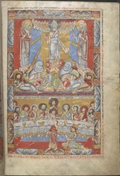 Ganzseitige Miniatur in zwei Registern, der Verklärung Christi und des Letzten Abendmahls, Illustrationen aus 