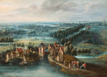 Weite Landschaft mit einem Dorf an einem Fluss und Figuren im Vordergrund