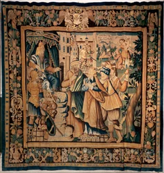Museumsschatz von Conques. Flämischer Wandteppich. Geschichte der Heiligen Foy (?). Texte: DASIAN, S+PRIME, S+eVAPRAISE. 16. Jahrhundert (?)
