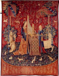 Vorhang der Dame mit dem Einhorn: Das Gehör. Woll- und Seidentapisserie, hergestellt zwischen 1484 und 1500. Aus dem Schloss Boussac, Creuse. Paris, Nationalmuseum des Mittelalters, Thermes de Cluny