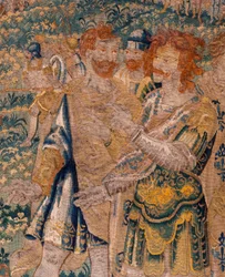Flämischer Wandteppich. Hannibals Bruder Hasdrubal von den Römern gefangen genommen. Atelier von Oudenaarde. 347x407cm. Inv 00005.