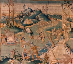 Flämischer Wandteppich. Militärlager am Fluss Granikos. Atelier von Oudenaarde. 377x393cm. Inv 83104-9 /00011. 17. Jahrhundert.