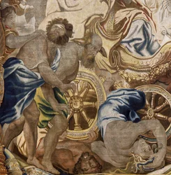 Flämischer Wandteppich. Serie Apotheose der Eucharistie. Triumph der Kirche. Modell Karton kopiert von einem Original von Rubens. Brüsseler Herstellung. Herstellung durch Frans van den Hecke. Mitte des 17. Jahrhunderts. Stoff Seide und Wolle, 7/8 Kette