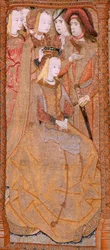 Flämischer Wandteppich. Serie Andacht Unserer Lieben Frau oder Goldene Tücher. Die Krönung der Jungfrau. Vierter Wandteppich der Serie. Modell Zeichner aus dem Kreis von Colyn de Coter. Herstellung Pieter van Aelst, Brüssel. Ca. 1500-15