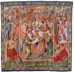 Flämischer Wandteppich. Serie Episoden aus dem Leben der Jungfrau Maria; Darstellung im Tempel (Presentación en el Templo). Zweiter Wandteppich der Serie. Modelle Jan van Roome (oder van Brussel) zugeschrieben. Herstellung Pieter van Aelst, Brüssel. Ca 150