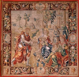 Flämischer Wandteppich. Serie Esau und Jakob. Jakob versammelt seine Frauen vor der Flucht nach Kanaan. Zweite Hälfte des 16. Jahrhunderts.