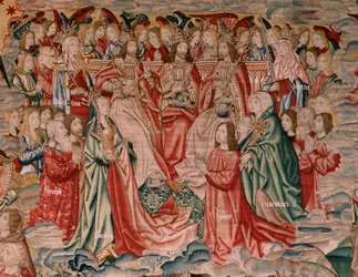 Flemischer Wandteppich. Serie Menschliche Erlösung oder Laster und Tugenden. Christus steigt in den Himmel auf und der Mensch wird vor Gott erlöst. Neunter Wandteppich in der Serie (vierter der in Palencia aufbewahrten). Herstellung Brüssel.