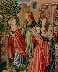 Flämischer Wandteppich. Serie Menschliche Erlösung oder Laster und Tugenden. Laster führen den Menschen zur Sünde (Los Vicios conducen al Hombre al pecado). Zweiter Wandteppich in der Serie (erster der in Palencia aufbewahrt wird. Brüsseler Herstellung, We