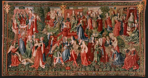 Flämischer Wandteppich. Serie Menschliche Erlösung oder Laster und Tugenden. Laster führen den Menschen zur Sünde. Zweiter Wandteppich der Serie (erster der in Palencia aufbewahrten). Brüsseler Herstellung, Werkstatt. Ca. 1510. Größe 425 x 800 cm. Stoff Wo