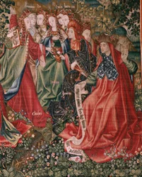 Flämischer Wandteppich. Serie Menschliche Erlösung oder Laster und Tugenden. Die Tugenden fordern die Laster heraus, als Christus sein Amt antritt (Las Virtudes desafían a los Vicios cuando Cristo comienza su ministerio). Sechster Wandteppich in der Serie 