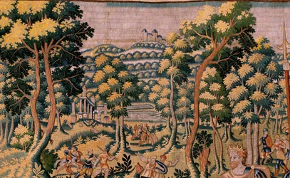 Flandrischer Wandteppich. Serie Geschichte des Cyrus. Nr. II Astyages erkennt Cyrus. Anonym, basierend auf Michiel Coxcie. Atelier Antwerpen. Ca. 1590.