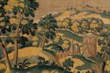 Flämischer Wandteppich. Serie Geschichte von Cyrus. Nr. VI Tomyris befiehlt, den Kopf von Cyrus in ein Gefäß mit Blut zu tauchen (Tomiris manda sumergir la cabeza de Ciro en un recipiente lleno de sangre). Anonym, basierend auf Michiel Coxcie. Atelier Antw