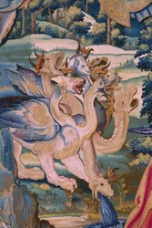 Flemischer Wandteppich. Serie Die Apokalypse: Der heilige Michael besiegt den Drachen. Atelier Willem Dermoyen, Brüssel. Ca. 1553-1555. (Detail)