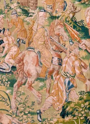 Flandrischer Wandteppich. Serie Das Buch Judith. Das Festmahl des Holofernes. Sechster Wandteppich in der Serie. Herstellung: Niederlande, Brüssel(?). Zweite Hälfte des 16. Jahrhunderts.